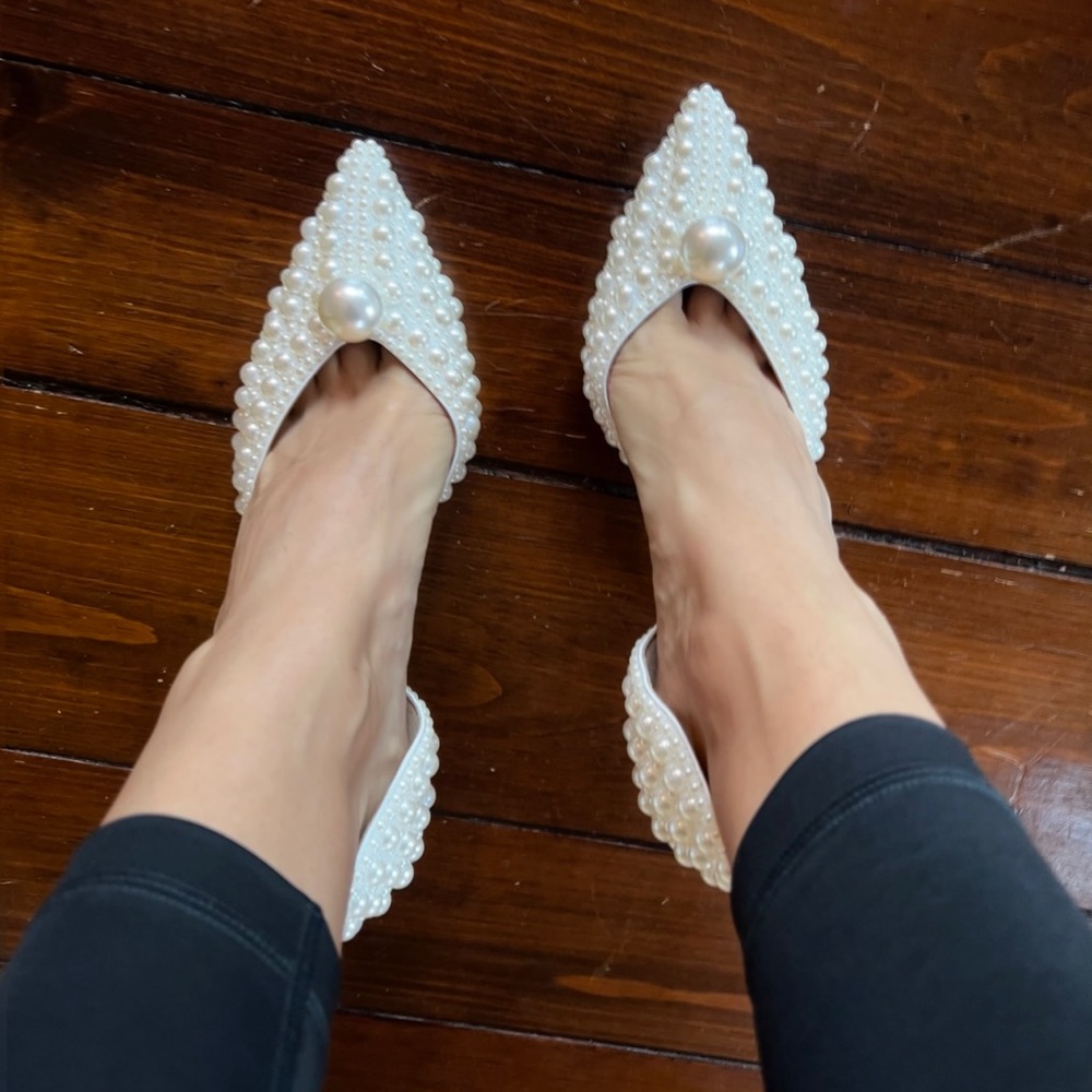 Pearl-Embellished Pointed Toe D'Orsay Heels - White